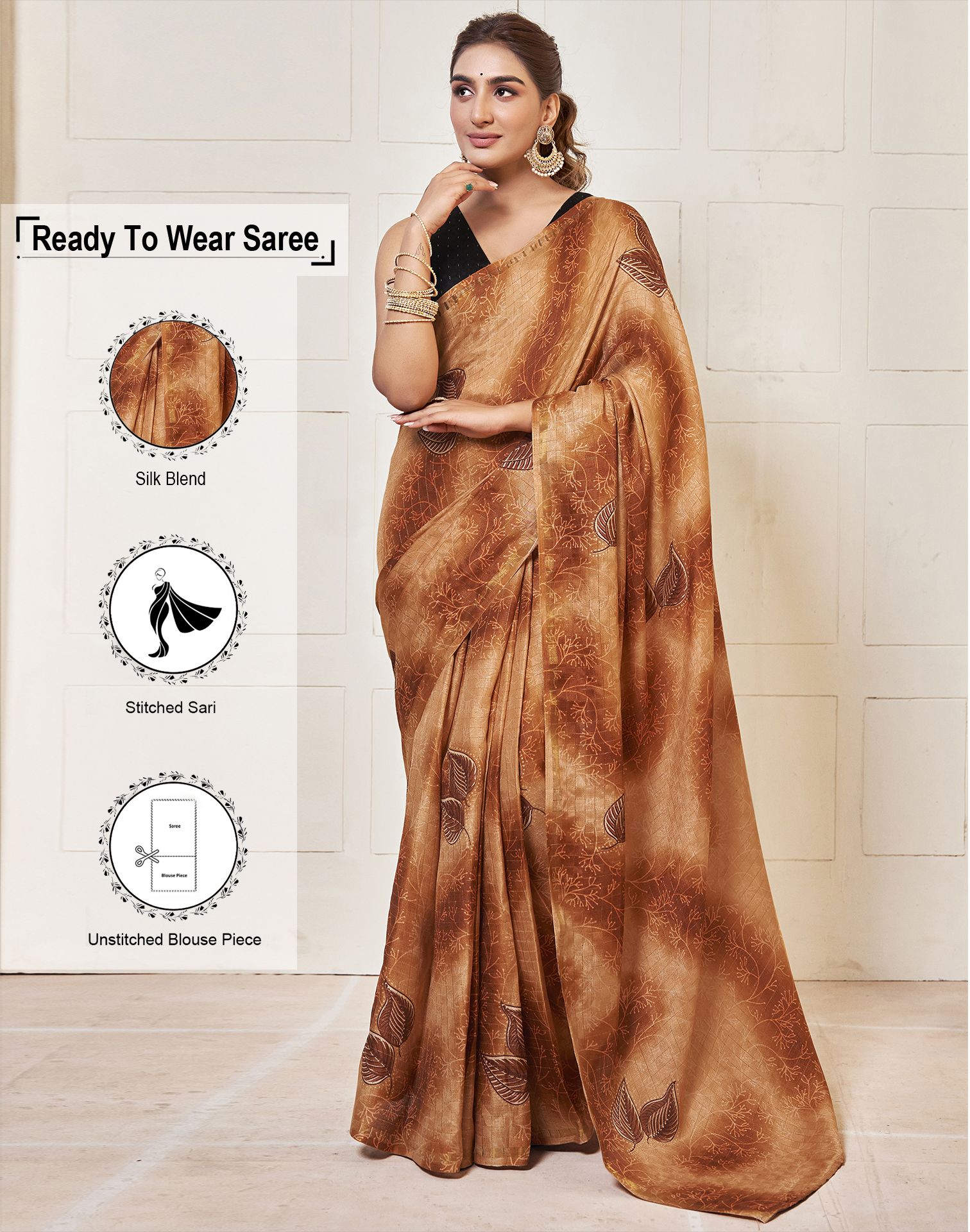     			Satrani Silk Blend Woven Saree With Blouse Piece - Brown ( Pack of 1 )