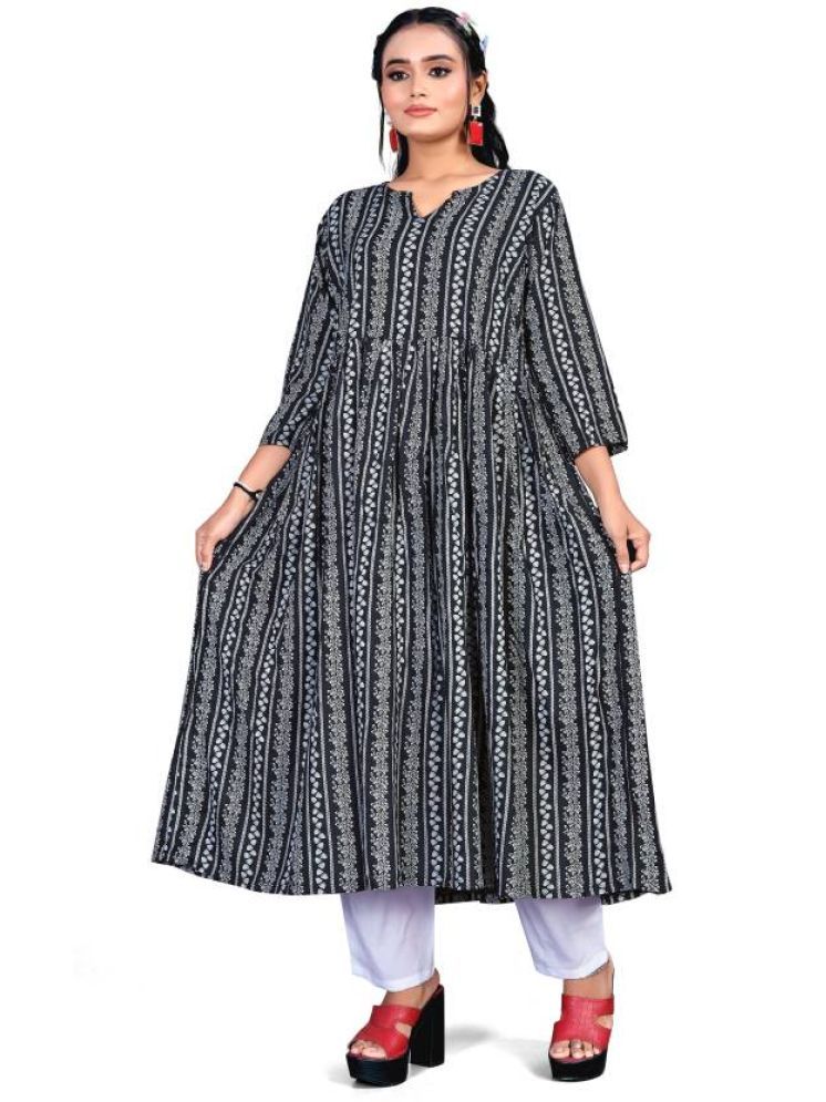     			THE PRIVATE LABLE Rayon Printed Kurti With Pants Women's Stitched Salwar Suit - Black ( Pack of 1 )