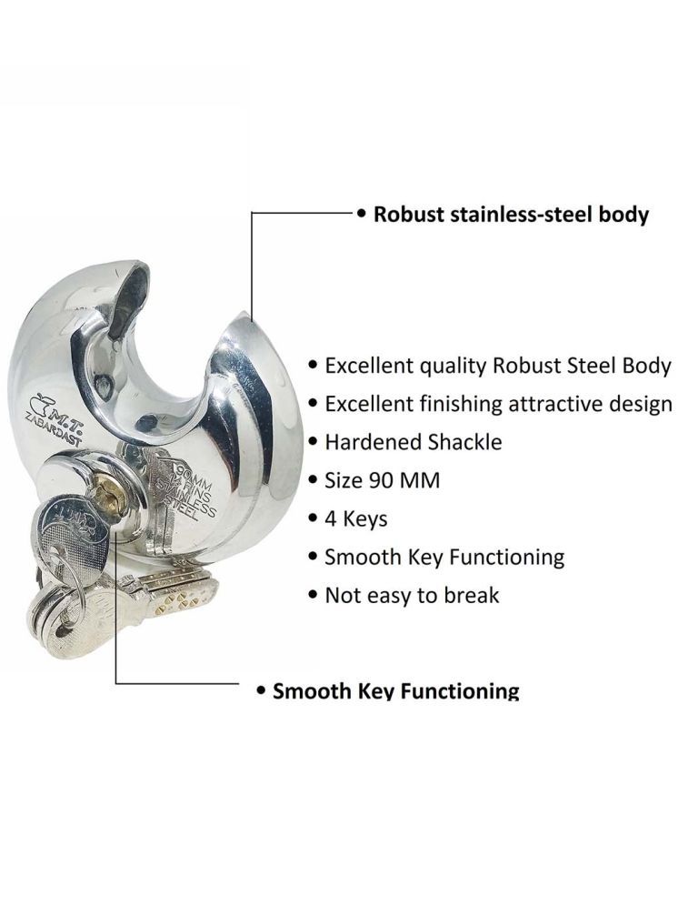     			Unikkus zabardast stainless steel made heavy round DISC lock for shutter home door shop house and multipurpose, Size 90 MM with 4 keys