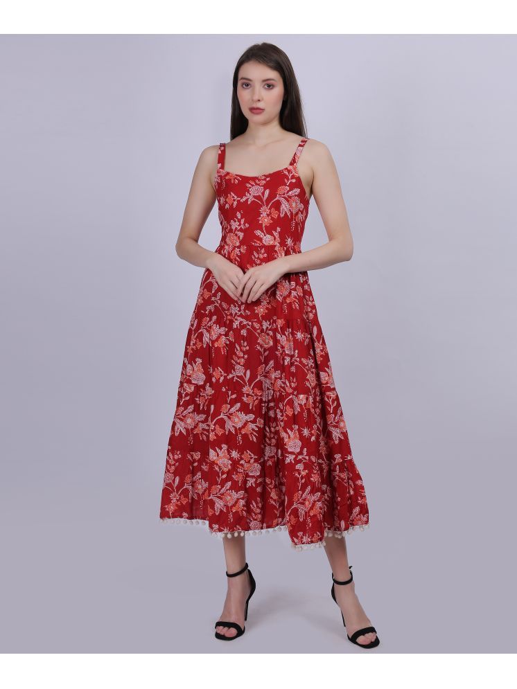     			aumbe Cotton Printed Midi Women's A-line Dress - Red ( Pack of 1 )