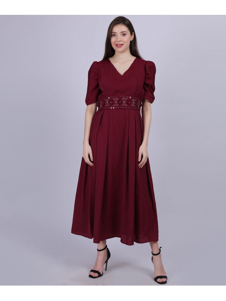     			aumbe Polyester Embroidered Ankle Length Women's Fit & Flare Dress - Maroon ( Pack of 1 )