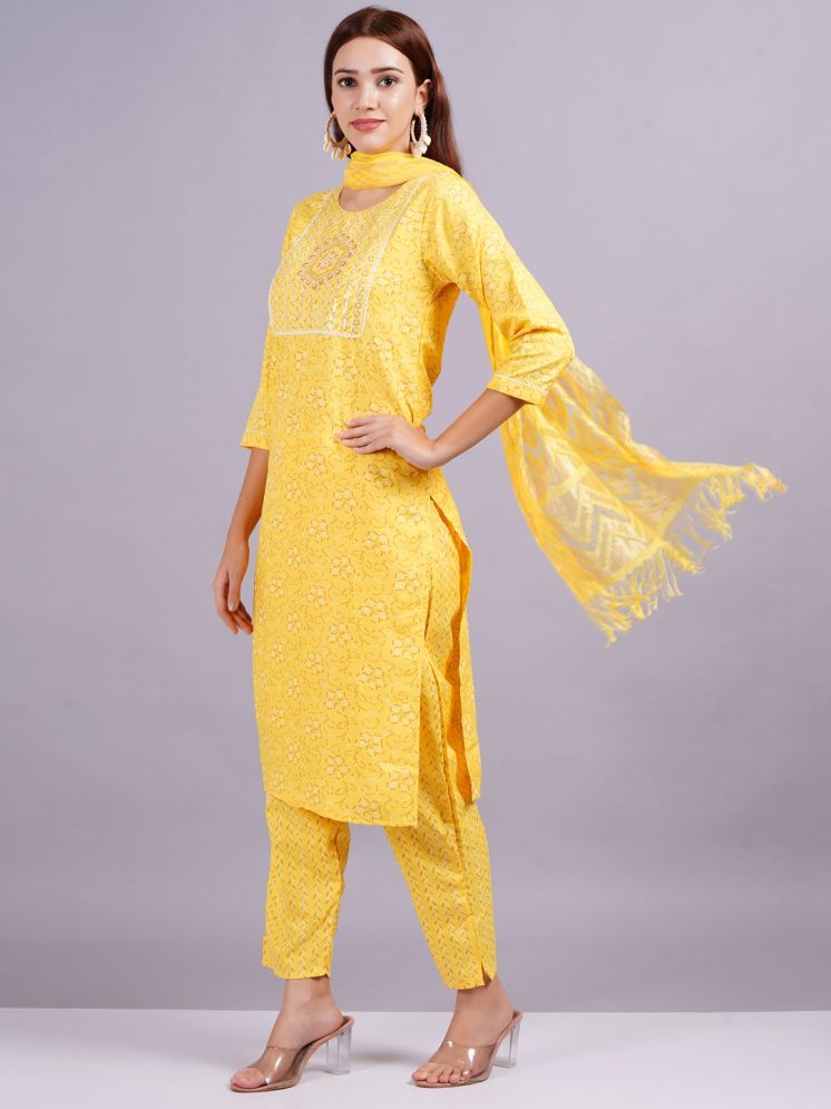     			JAI SHIVAM TRADERS Silk Printed Kurti With Pants Women's Stitched Salwar Suit - Yellow ( Pack of 1 )