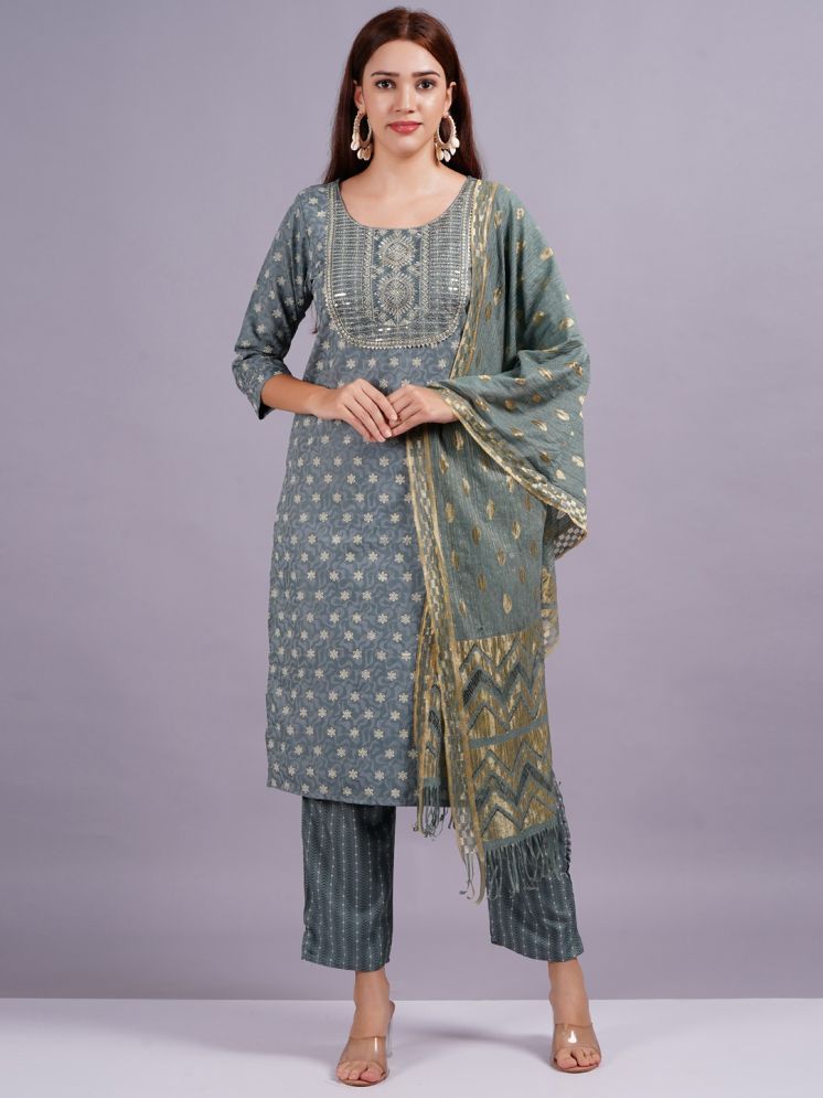     			JAI SHIVAM TRADERS Silk Printed Kurti With Pants Women's Stitched Salwar Suit - Grey ( Pack of 1 )