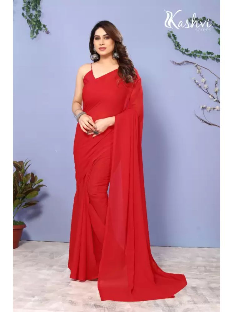     			ASTYLOR Georgette Solid Saree Without Blouse Piece - Red ( Pack of 1 )