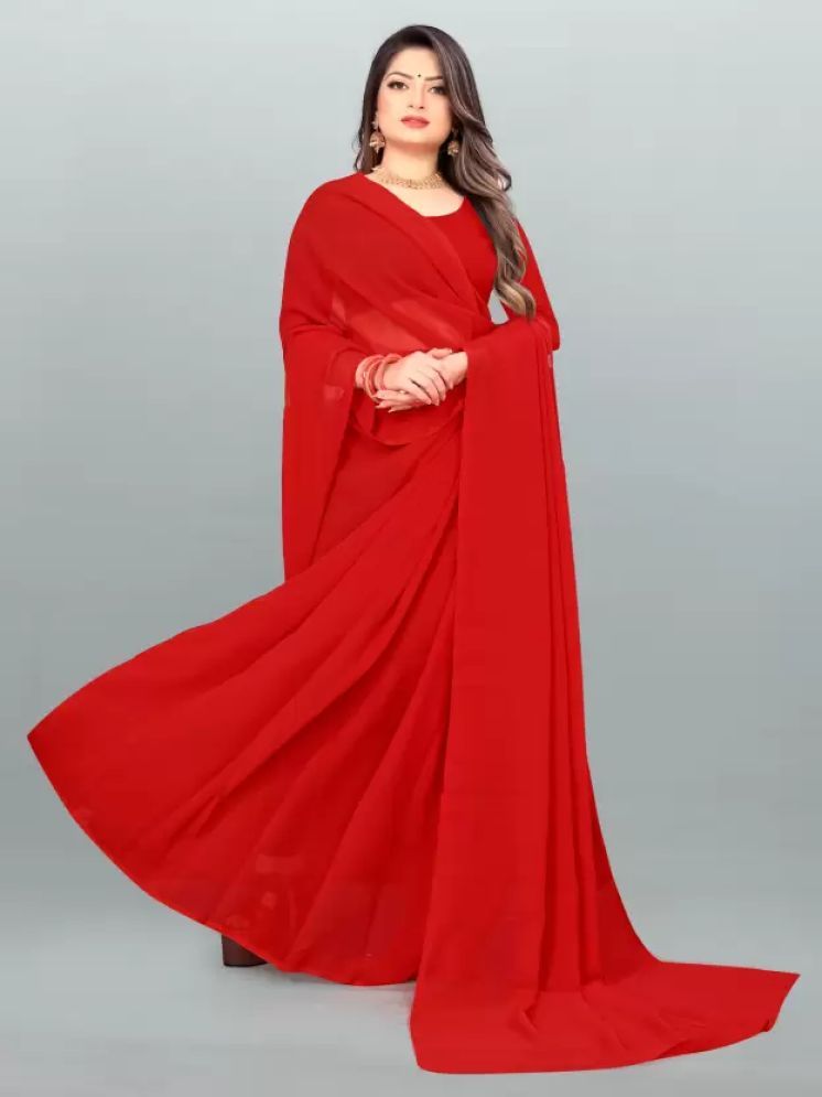     			ASTYLOR Georgette Solid Saree Without Blouse Piece - Red ( Pack of 1 )