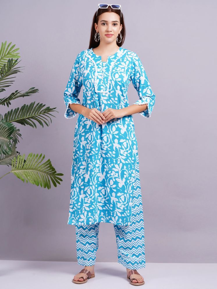     			HIGHLIGHT FASHION EXPORT Cotton Printed Kurti With Pants Women's Stitched Salwar Suit - Blue ( Pack of 1 )