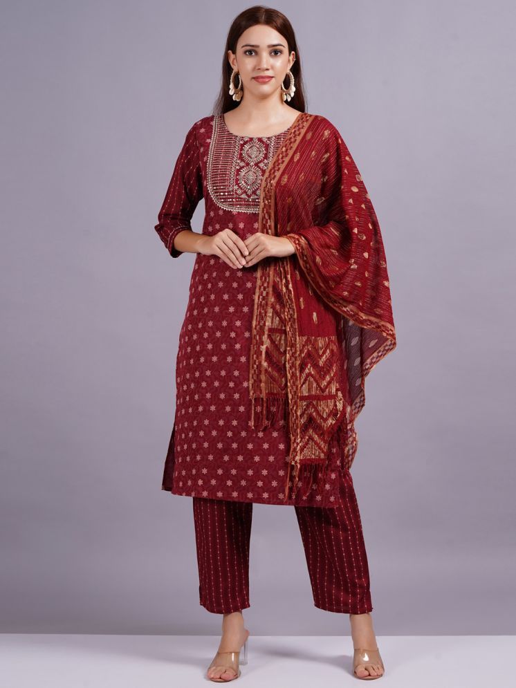     			Jyoti Saree Silk Printed Kurti With Pants Women's Stitched Salwar Suit - Maroon ( Pack of 1 )