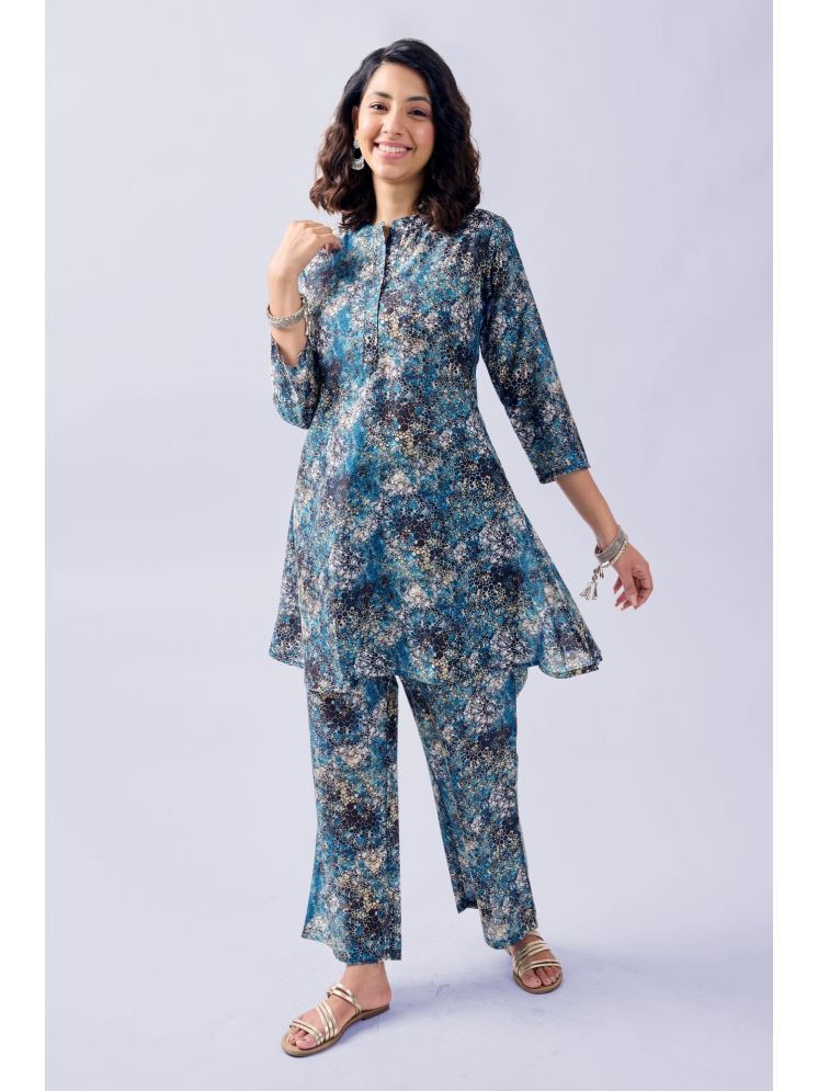     			TOOCHKI Polyester Printed Kurti With Pants Women's Stitched Salwar Suit - Blue ( Pack of 1 )