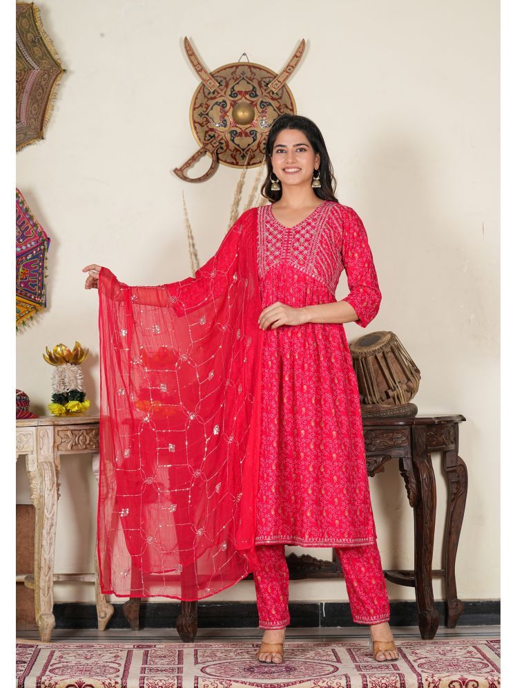     			Yash Gallery Rayon Printed Kurti With Pants Women's Stitched Salwar Suit - Red ( Pack of 1 )