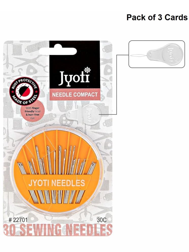     			Jyoti Needle Compact Hand Sewing Needles with Needle Threader, Smooth & Snag-Free Eye, Uniformly Polished & Non-Porous Surfaces, Used for Sewing & Home Purposes, 22701, Big (30 Assorted) - 3 Cards