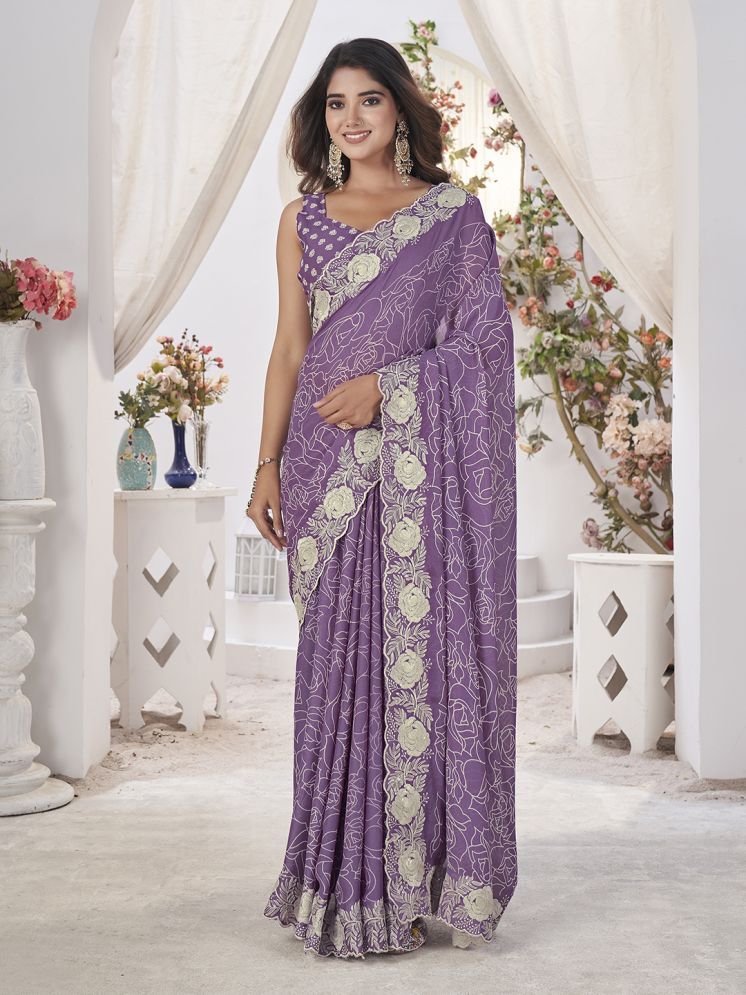     			Rekha Maniyar Georgette Embroidered Saree With Blouse Piece - Purple ( Pack of 1 )