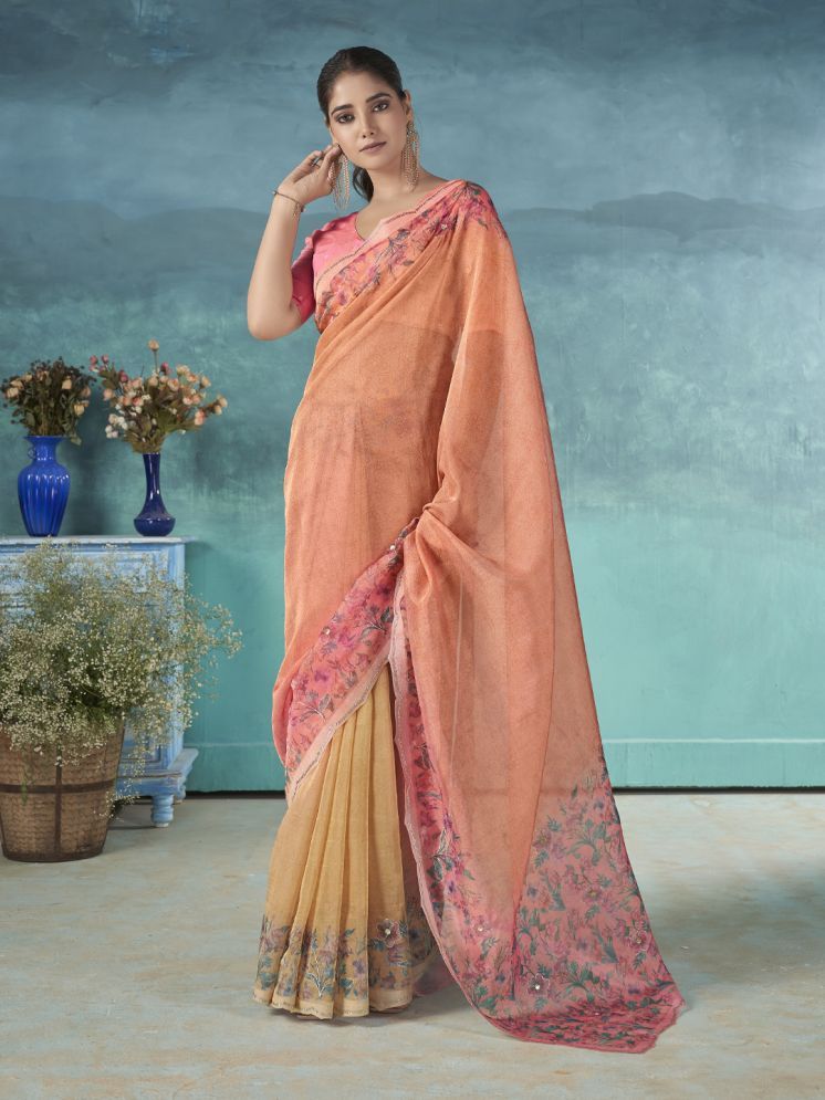     			Rekha Maniyar Organza Printed Saree With Blouse Piece - Orange ( Pack of 1 )