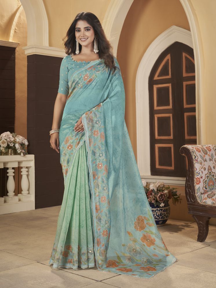     			Rekha Maniyar Organza Printed Saree With Blouse Piece - Turquoise ( Pack of 1 )