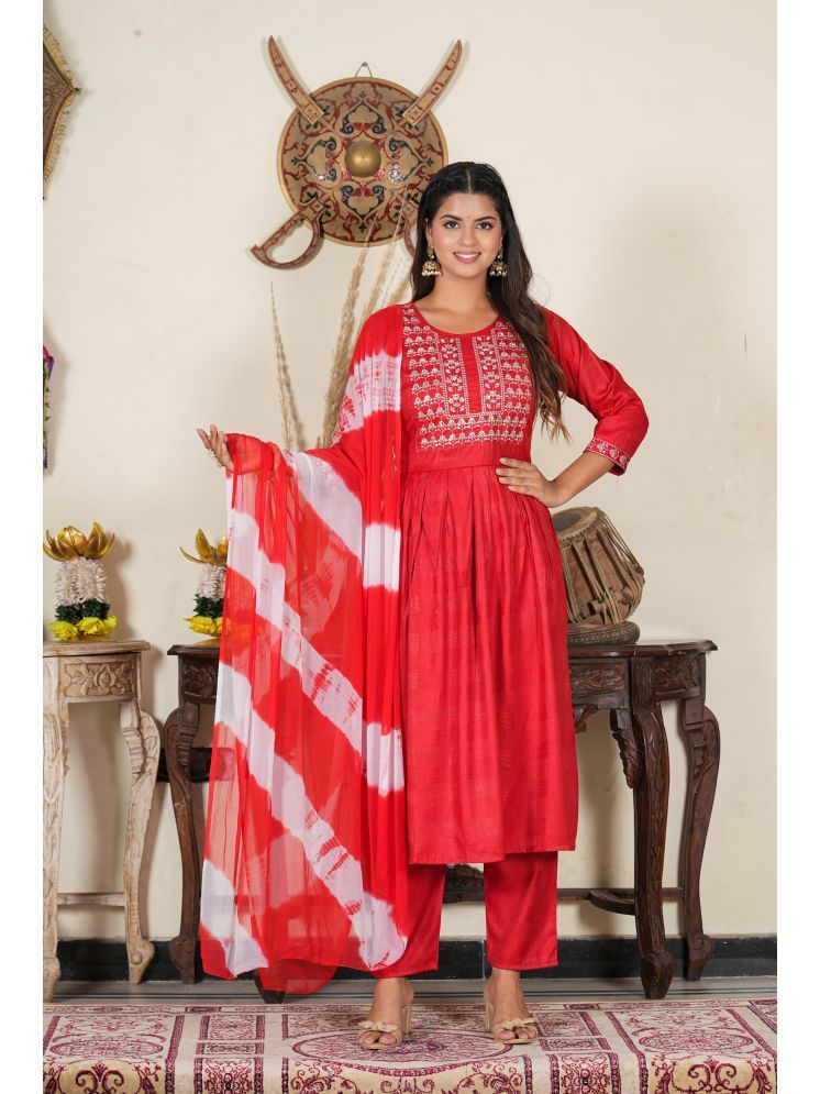     			Yash Gallery Cotton Embellished Kurti With Pants Women's Stitched Salwar Suit - Red ( Pack of 1 )