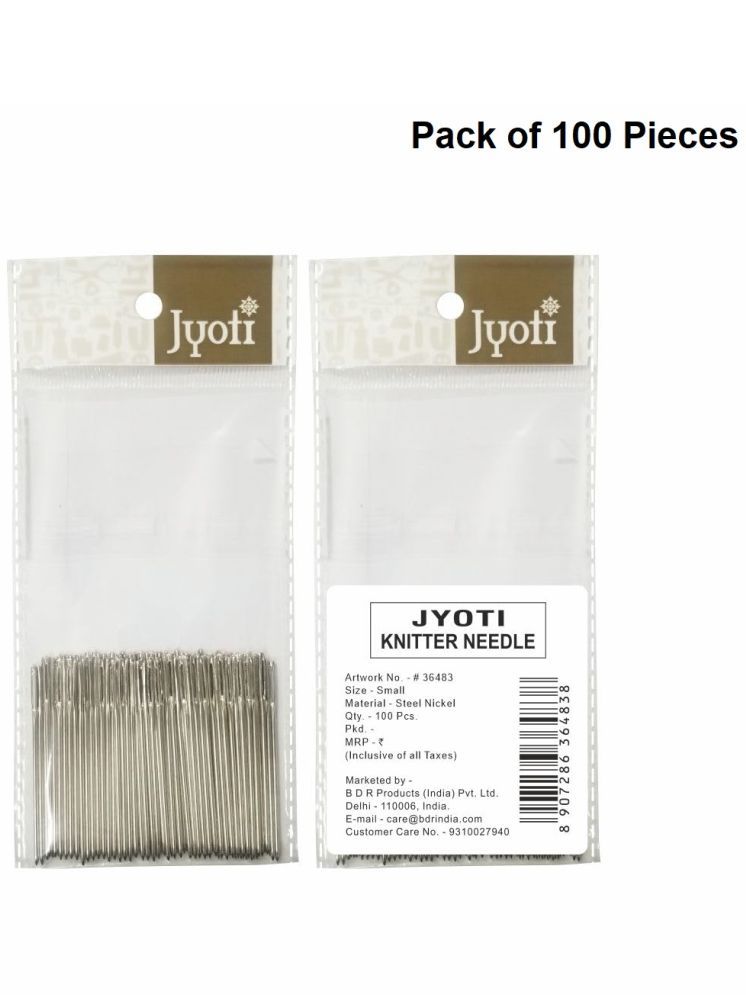     			Jyoti Knitter Needle - Small (100 Pieces in a Pouch), Chromium Steel Wool Needles, Extra-Long & Wide Eyes for Thicker Threads and Yarn, Rounded Points to Avoid Piercing and Distorting Knitting Yarn