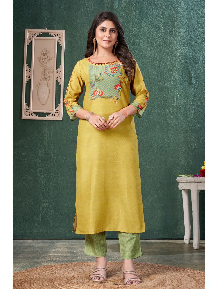     			MOJILAA Silk Blend Printed Kurti With Pants Women's Stitched Salwar Suit - Mustard ( Pack of 1 )