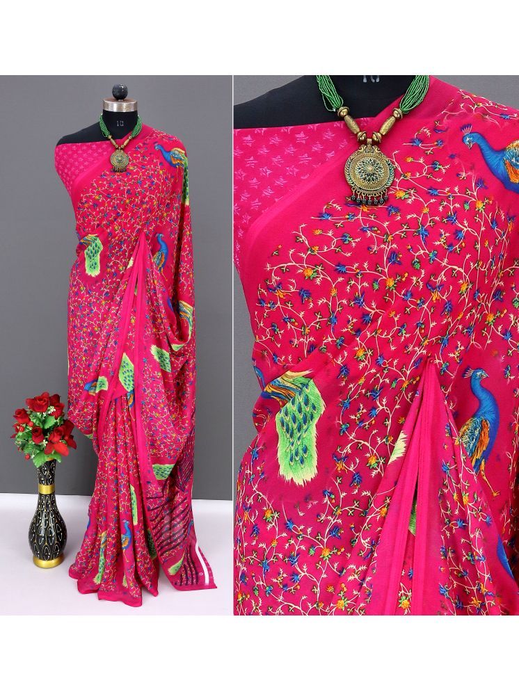     			Rekha Maniyar Georgette Printed Saree With Blouse Piece - Pink ( Pack of 1 )