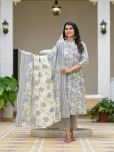 Juniper Cotton Printed Kurti With Pants Women's Stitched Salwar Suit - Grey ( Pack of 3 )