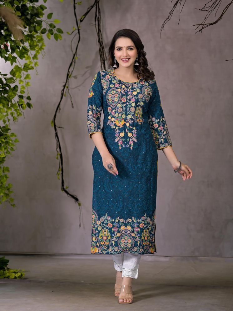     			Juniper Rayon Embroidered Straight Women's Kurti - Navy Blue ( Pack of 1 )