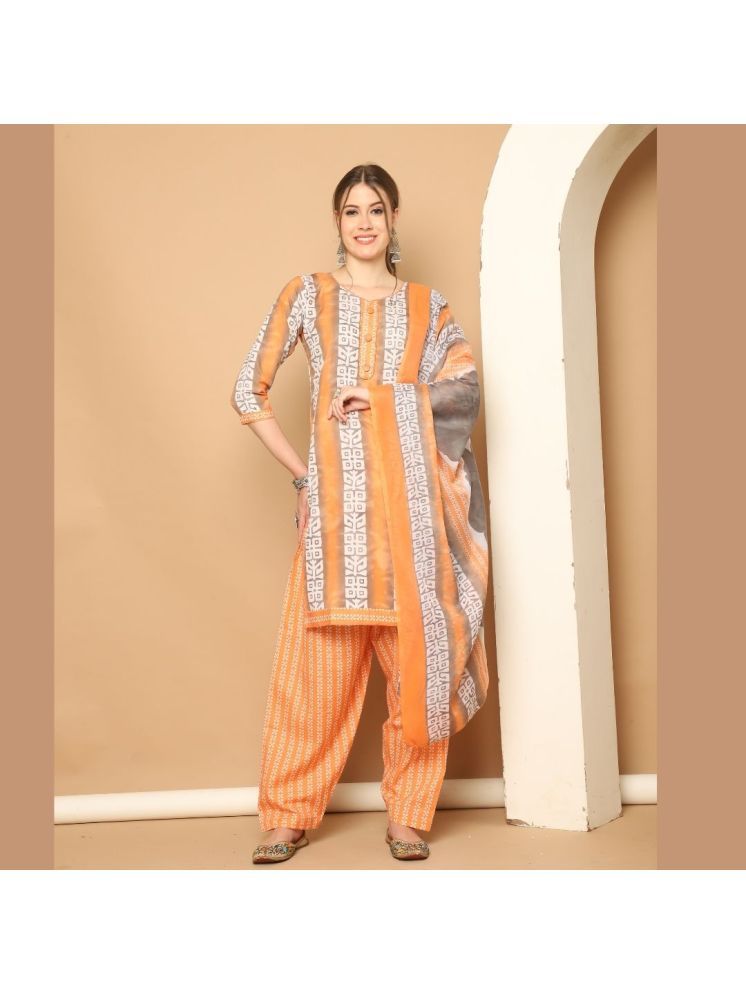     			wonder weave Cotton Blend Printed Kurti With Patiala Women's Stitched Salwar Suit - Orange ( Pack of 1 )