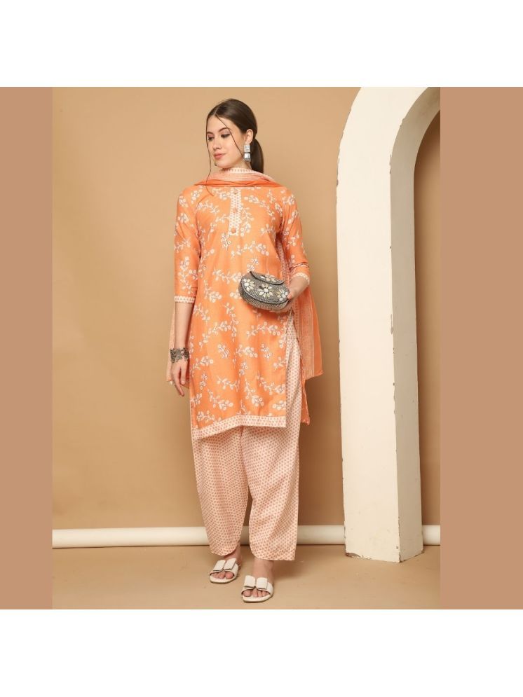     			wonder weave Cotton Blend Printed Kurti With Patiala Women's Stitched Salwar Suit - Orange ( Pack of 1 )