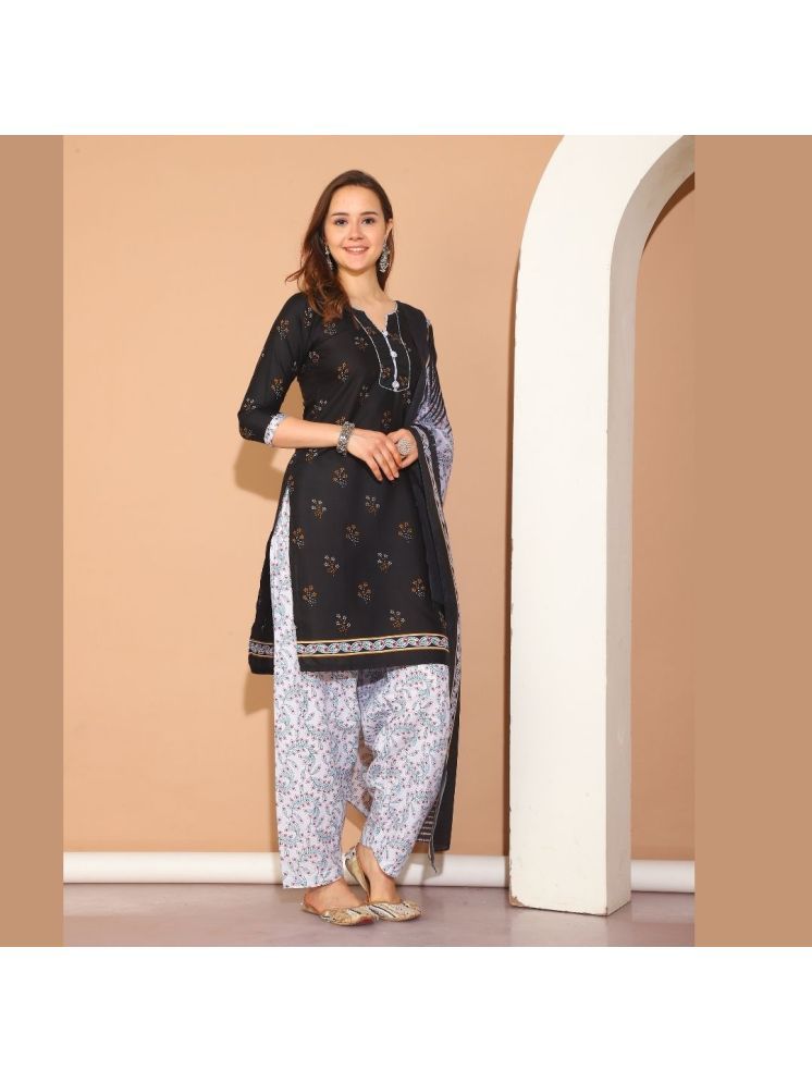     			wonder weave Cotton Blend Printed Kurti With Patiala Women's Stitched Salwar Suit - Black ( Pack of 1 )