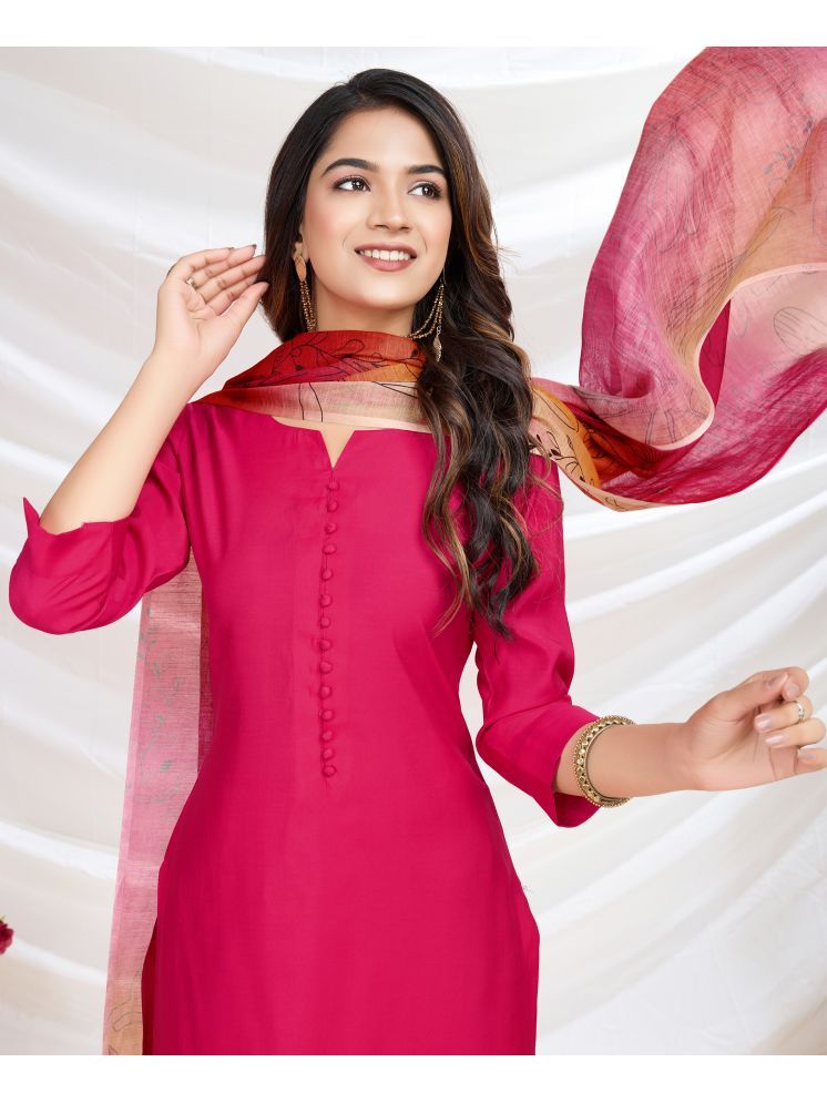     			MOJILAA Silk Blend Solid Kurti With Pants Women's Stitched Salwar Suit - Pink ( Pack of 1 )