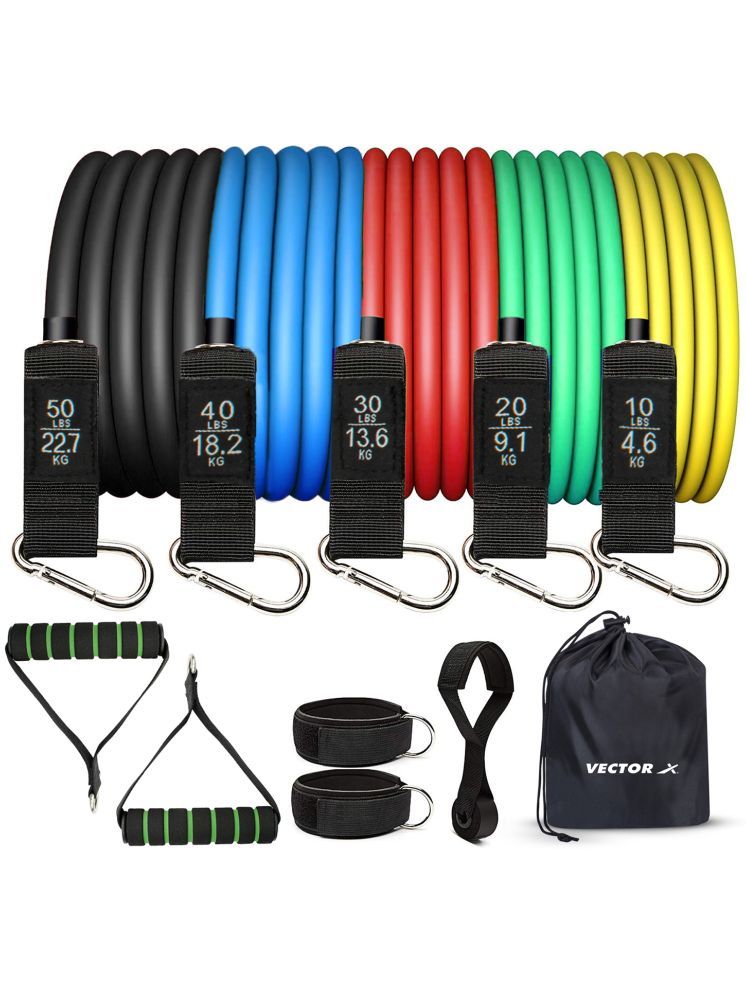     			Vector X Nylon Latex Tube with D Handles 5 in 1 Resistance Tonning Tube Band Set with 2 Foam Handles, 2 Ankle Straps, 1 Door Anchor & 1 Bag for Pilates Training, Gym, Physical Therapy (Multi Colour)