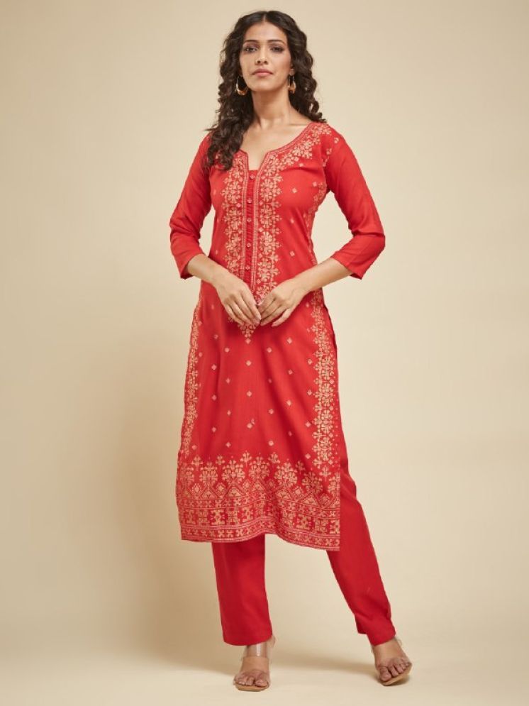     			A TO Z CART Chanderi Printed Kurti With Pants Women's Stitched Salwar Suit - Red ( Pack of 1 )