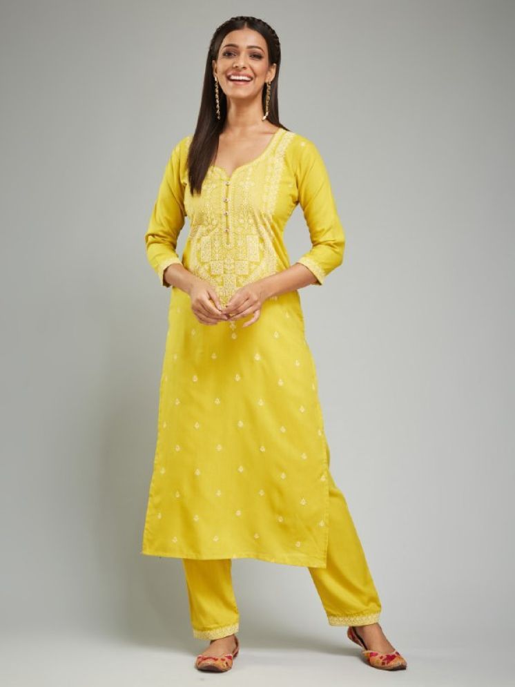     			Apnisha Cotton Blend Printed Kurti With Pants Women's Stitched Salwar Suit - Yellow ( Pack of 1 )