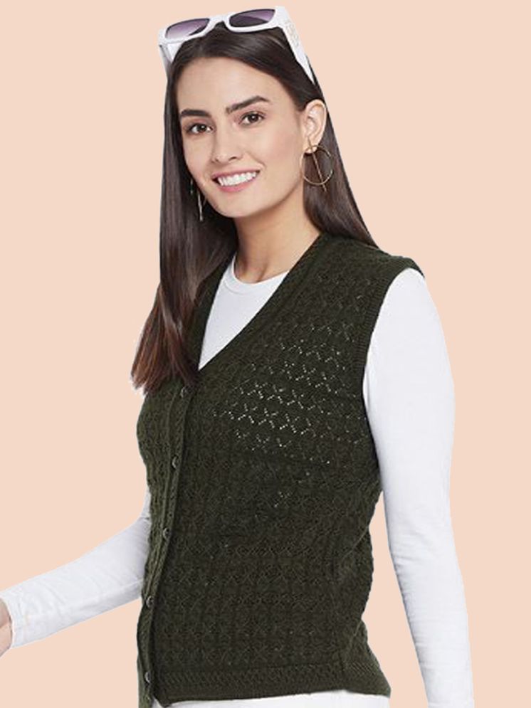     			Clapton Pure Wool V Neck Women's Buttoned Cardigans - Green ( )