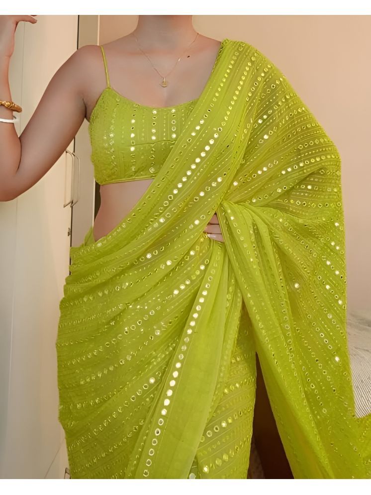     			Esomic Georgette Embroidered Saree With Blouse Piece - LightGreen ( Pack of 1 )