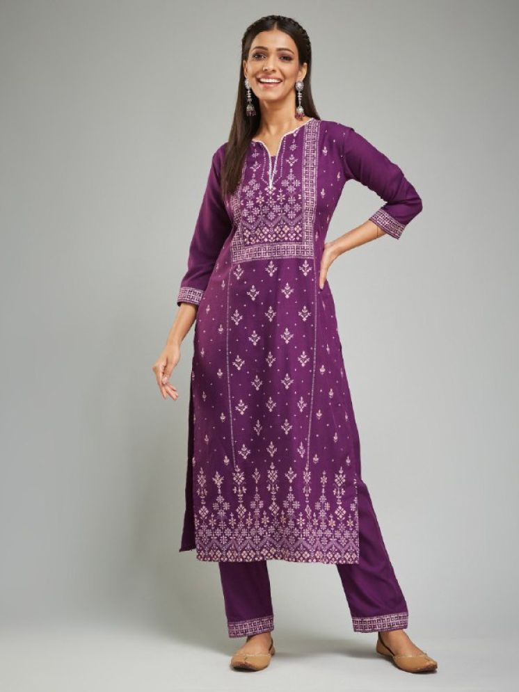     			JULEE Chanderi Printed Kurti With Pants Women's Stitched Salwar Suit - Purple ( Pack of 1 )