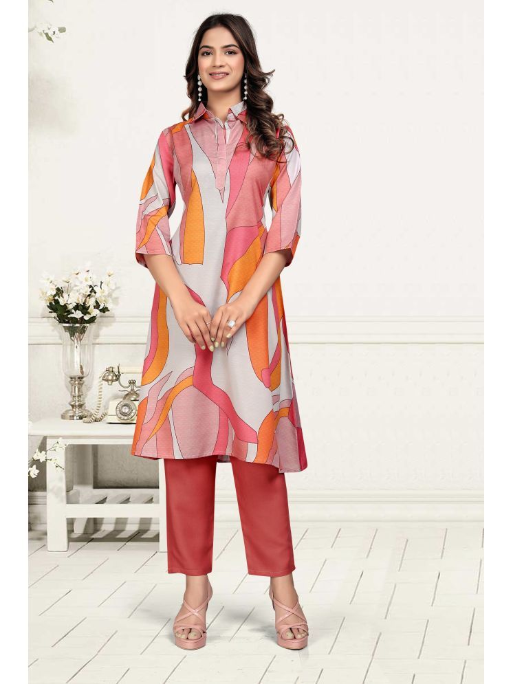     			JULEE Cotton Blend Printed Kurti With Pants Women's Stitched Salwar Suit - Orange ( Pack of 1 )