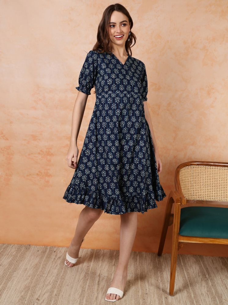     			Antaran Cotton Printed Knee Length Women's Fit & Flare Dress - Blue ( Pack of 1 )