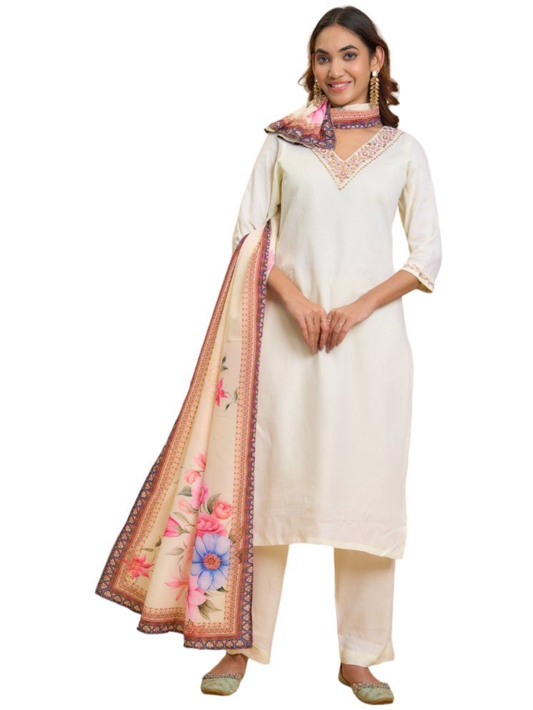     			Apnisha Rayon Embroidered Kurti With Pants Women's Stitched Salwar Suit - White ( Pack of 1 )