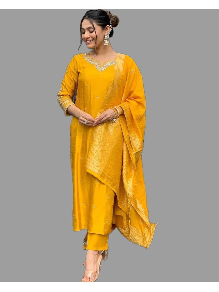     			MEHZEEL FAB Silk Blend Embroidered Kurti With Pants Women's Stitched Salwar Suit - Yellow ( Pack of 1 )