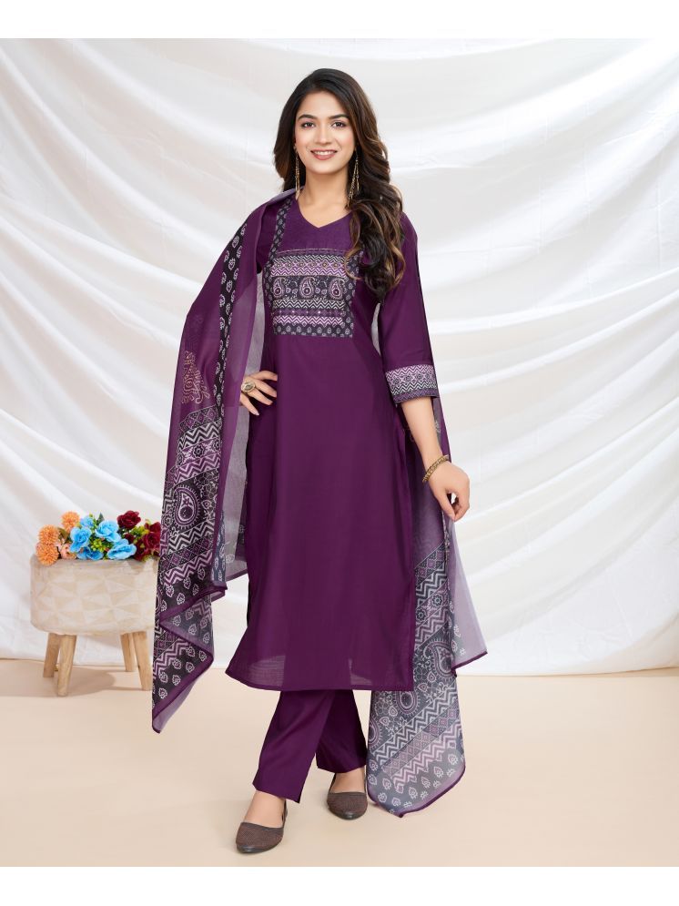     			MOJILAA Silk Blend Embellished Kurti With Pants Women's Stitched Salwar Suit - Purple ( Pack of 1 )