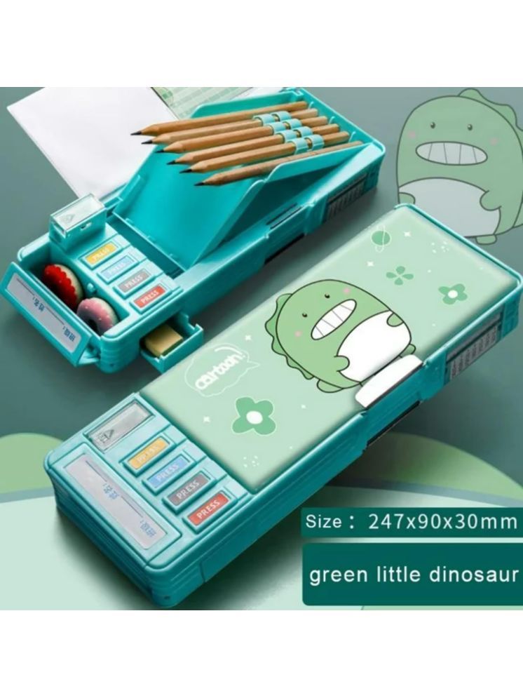     			PANSHUB Dinosaur Magnetic Multifunctional Pencil Case Press Buttons for Kids Pencil Box with 2 Compartments for Student Cartoon Pattern Compass Box