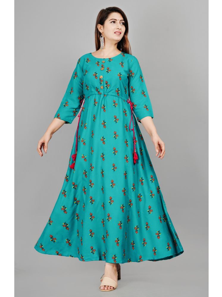     			Smien Rayon Printed Anarkali Women's Kurti - Turquoise ( Pack of 1 )