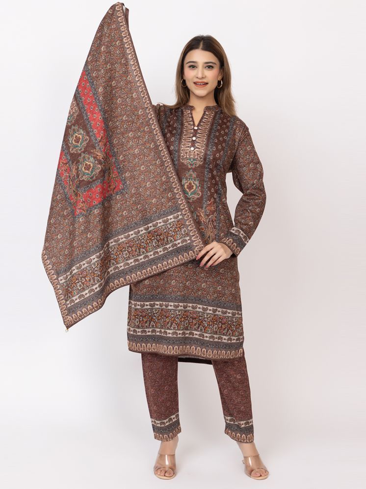     			WOOL'S KART Woollen Printed Kurti With Salwar Women's Stitched Salwar Suit - Brown ( Pack of 1 )