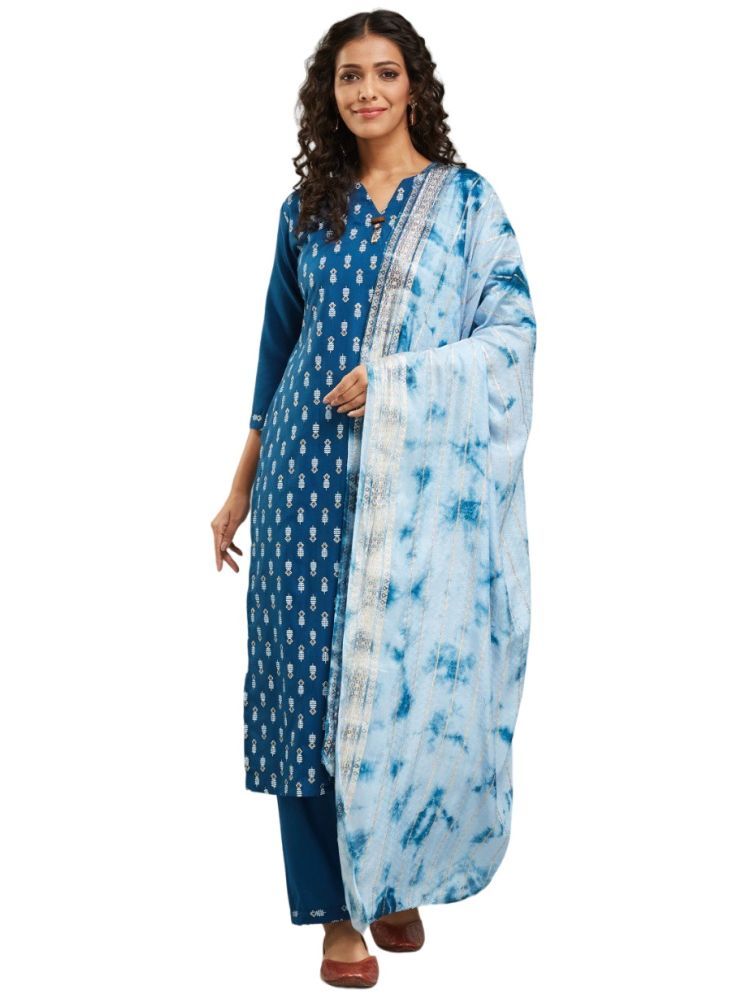     			A TO Z CART Chanderi Printed Kurti With Pants Women's Stitched Salwar Suit - Blue ( Pack of 1 )