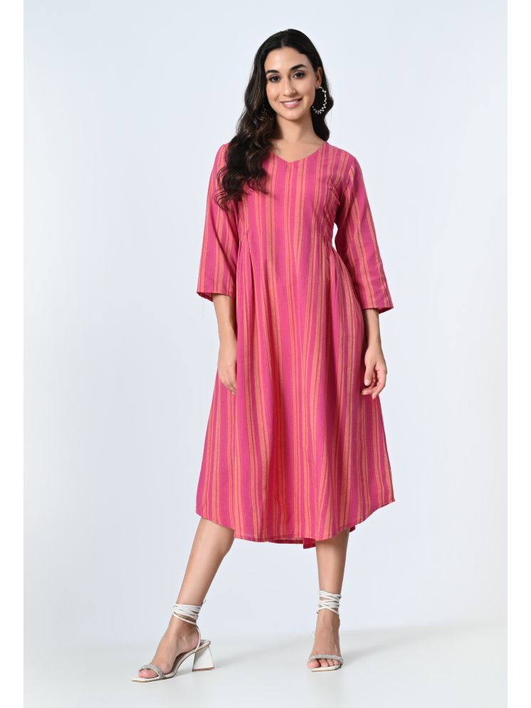     			AMBI Cotton Blend Striped Midi Women's A-line Dress - Pink ( Pack of 1 )