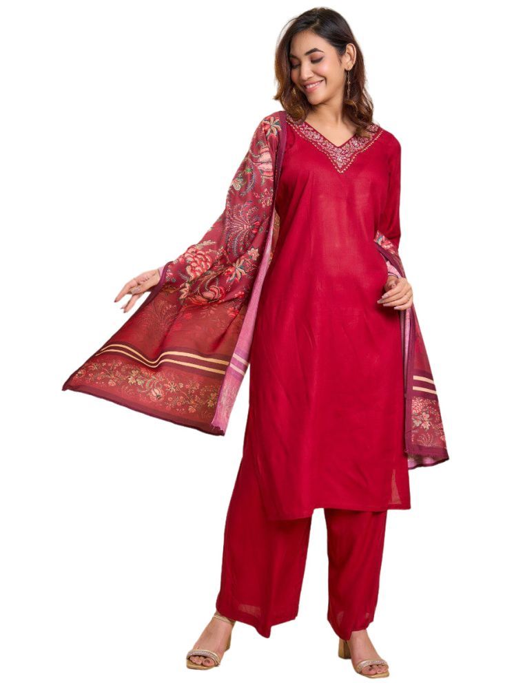     			Aika Rayon Embroidered Kurti With Pants Women's Stitched Salwar Suit - Red ( Pack of 1 )