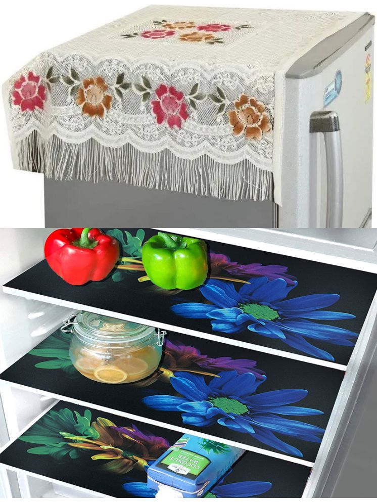     			Crosmo Polyester Floral Printed Fridge Mat & Cover ( 99 53 ) Pack of 4 - Multicolor