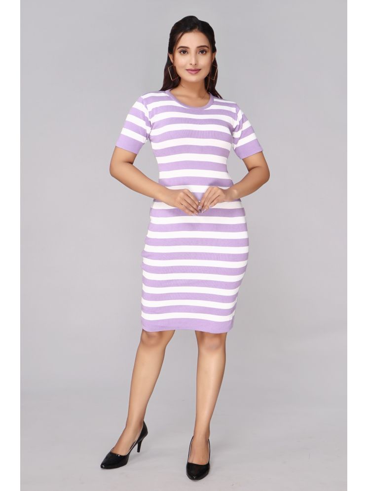     			FEVERFEW Cotton Striped Above Knee Women's Bodycon Dress - Lavender ( Pack of 1 )