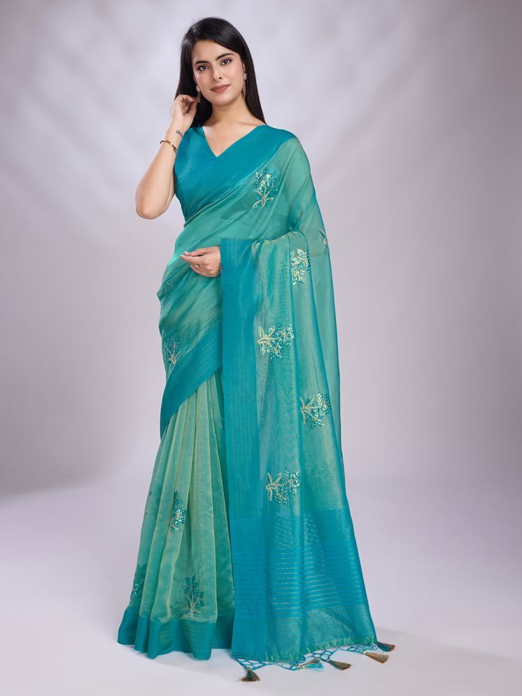     			Rekha Maniyar Organza Embroidered Saree With Blouse Piece - Turquoise ( Pack of 1 )