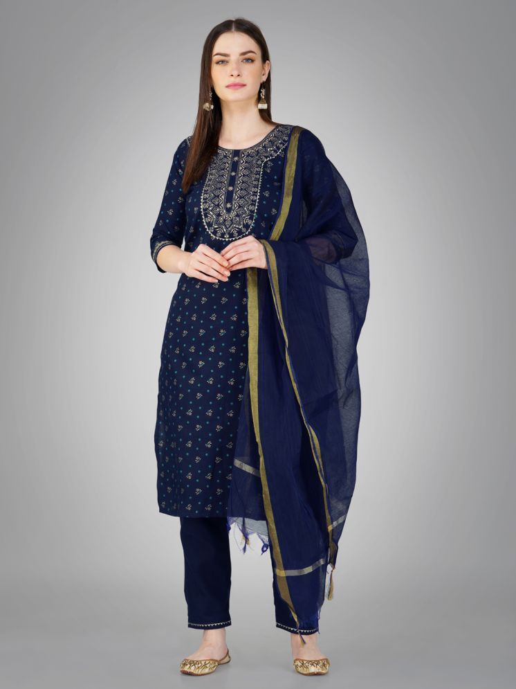     			SILK SUTRA Cotton Blend Embroidered Kurti With Pants Women's Stitched Salwar Suit - Navy Blue ( Pack of 1 )