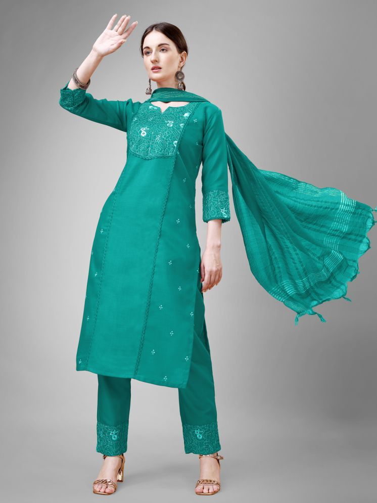     			SILK SUTRA Cotton Blend Embroidered Kurti With Pants Women's Stitched Salwar Suit - Green ( Pack of 1 )