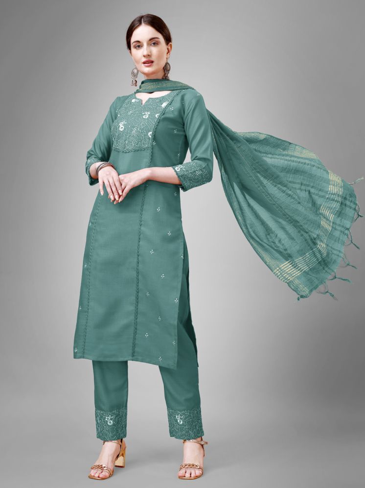     			SILK SUTRA Cotton Blend Embroidered Kurti With Pants Women's Stitched Salwar Suit - Teal ( Pack of 1 )